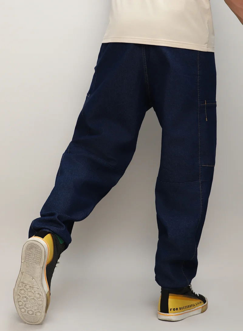 Campus Sutra  Men's Navy Blue Baggy Cargo Denim Jeans For Everyday Wear | Dark-Wash |  Button Closure | Oversized Fit | Denim Jeans Crafted With Comfort Fit For Everyday Wear for Men | Best Price UAE